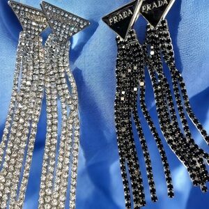 SILVER ENAMEL/BLACK GLITTER RHINESTONE DANGLE EARRINGS NWOT